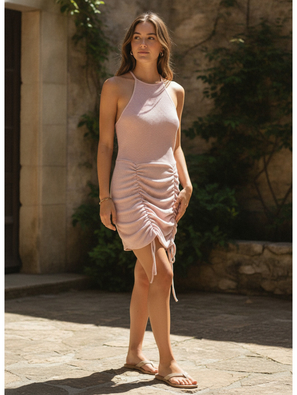Free People One Katya waffle knit and ribbed Ruched Medium Dress/ shorts